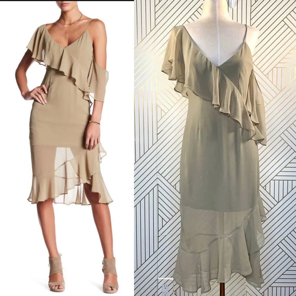Keepsake the Label Cosmic Girl Ruffle Dress in Willow Tan Beige Green Size Small